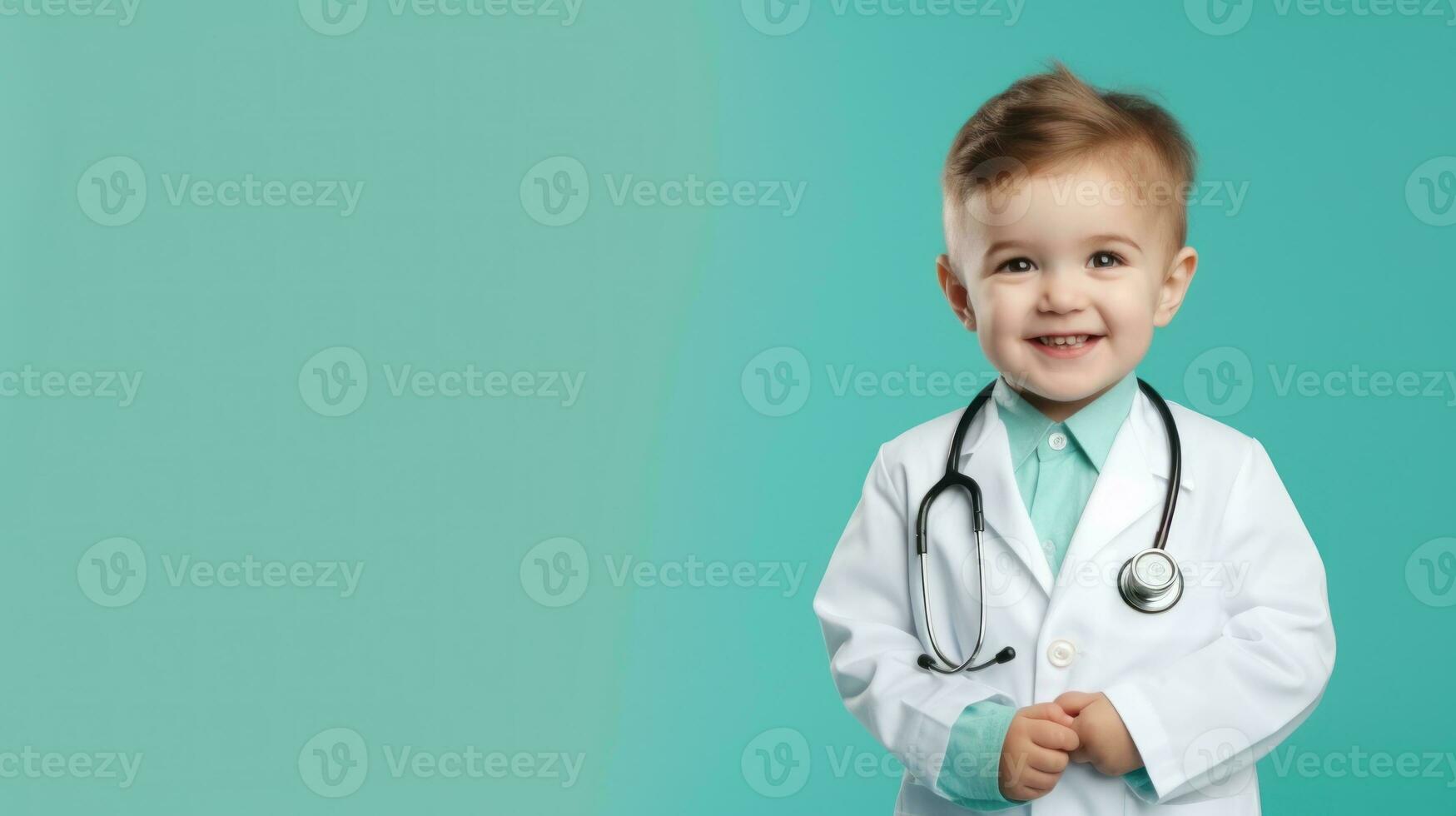 Cute child in doctor coat with stethoscope on color background photo