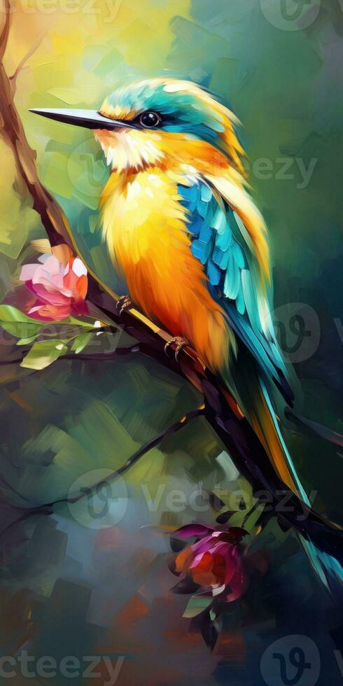 Bird on the branch in the forest on oil painting of colorful artworks photo