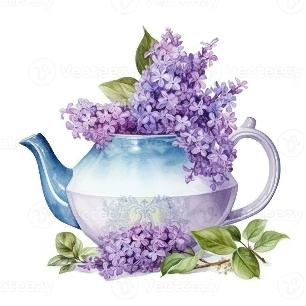 Watercolor teapot with flowers isolated photo