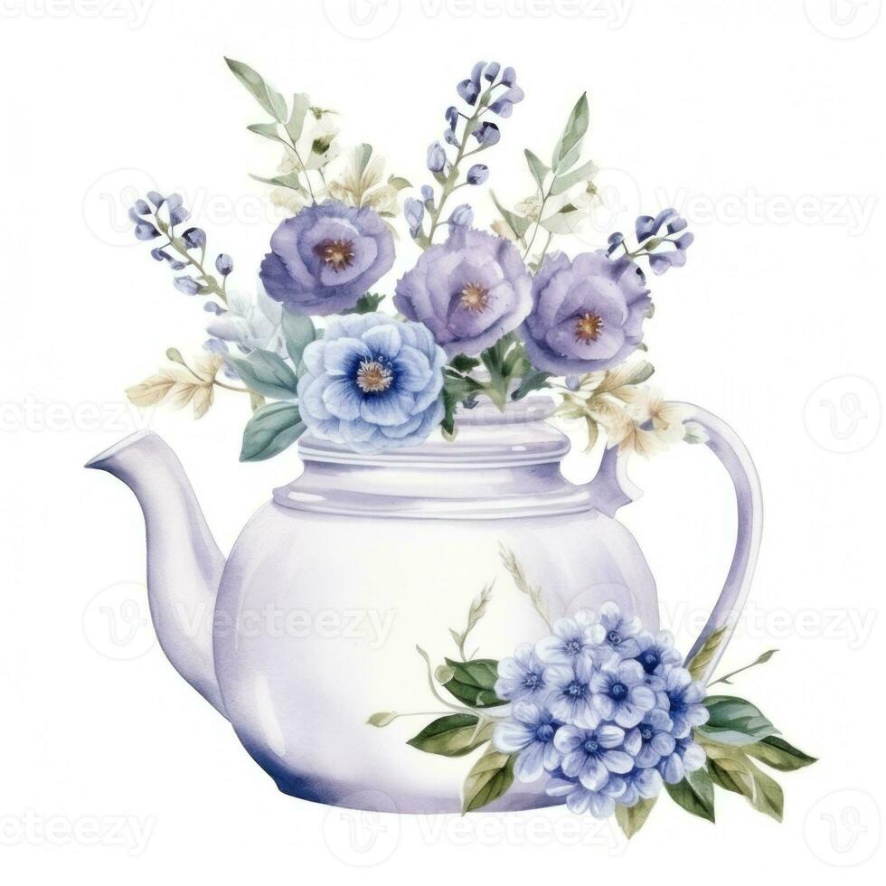 Watercolor teapot with flowers isolated photo