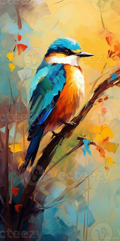 Bird on the branch in the forest on oil painting of colorful artworks photo