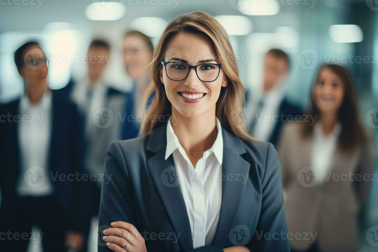 A business woman standing in a grey suit in the office photo