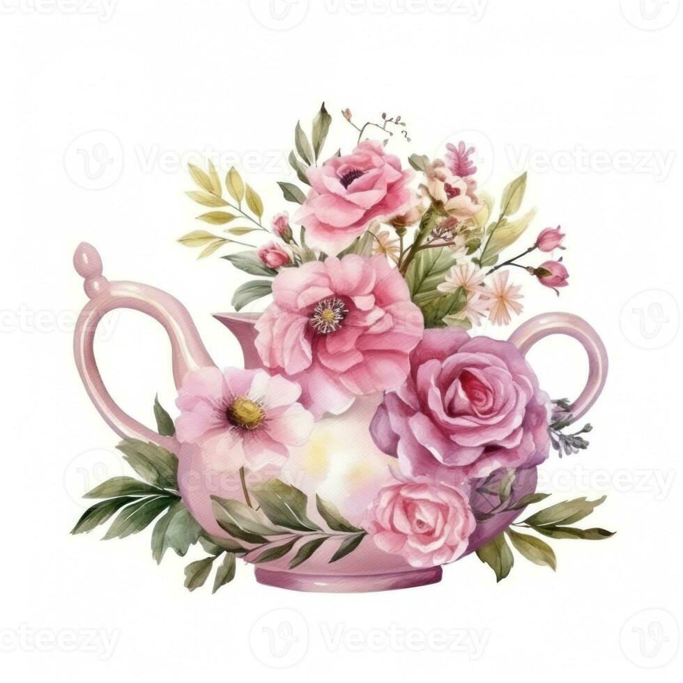 Watercolor teapot with flowers isolated photo