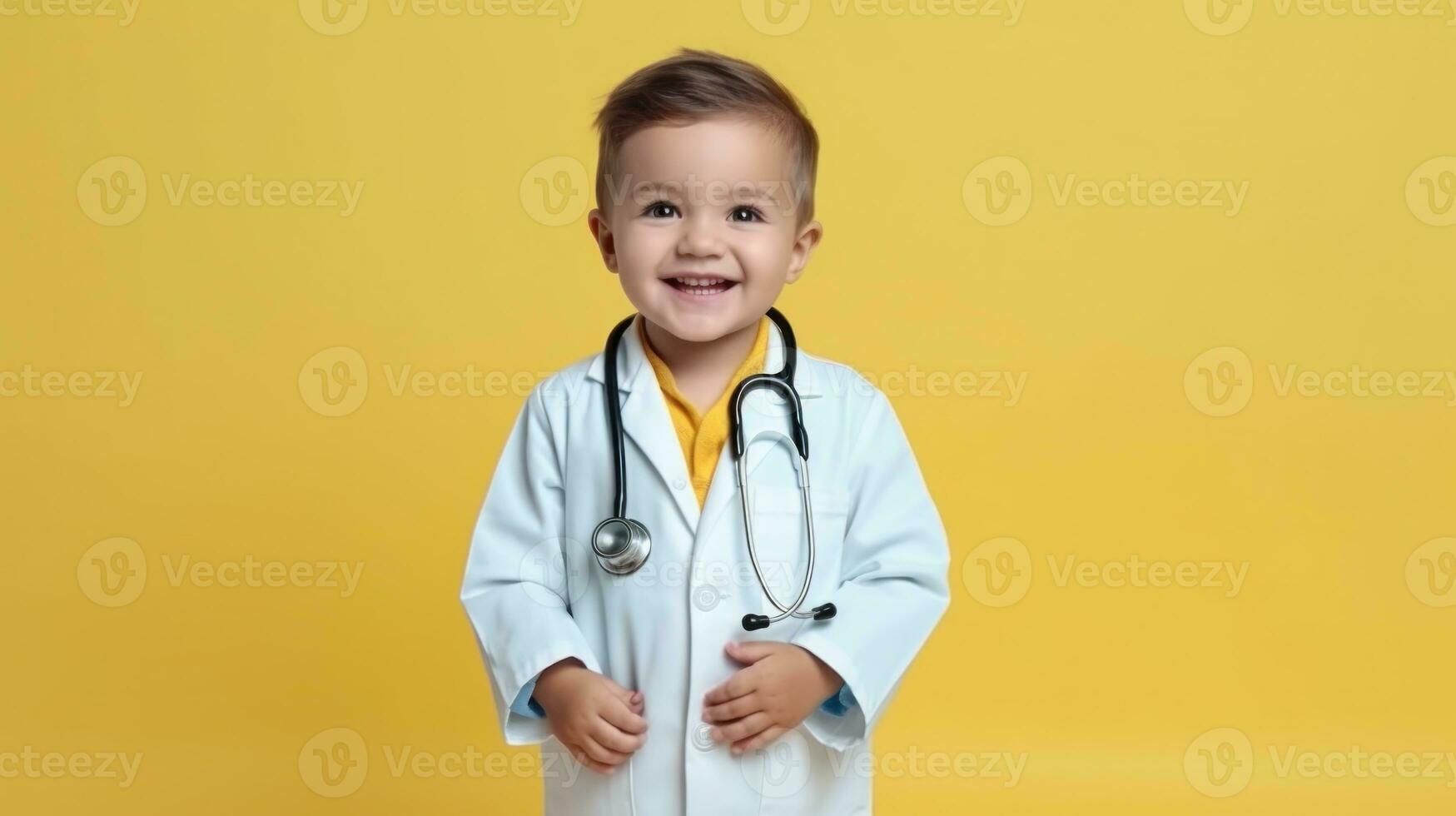 Cute child in doctor coat with stethoscope on color background photo