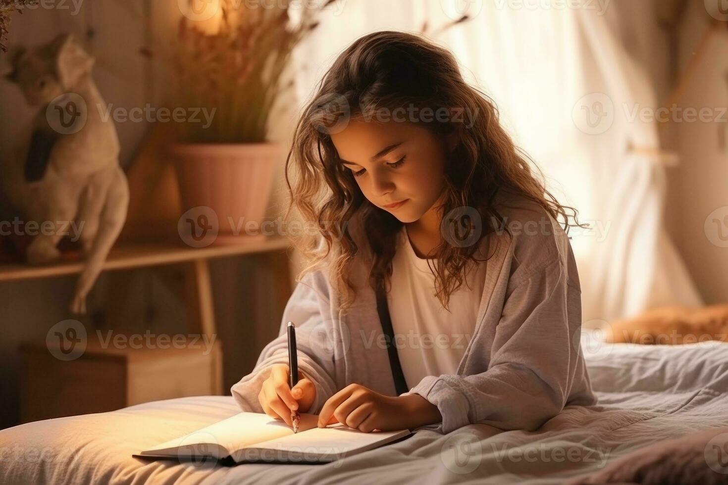 Young girl reading and writing in the notebook photo