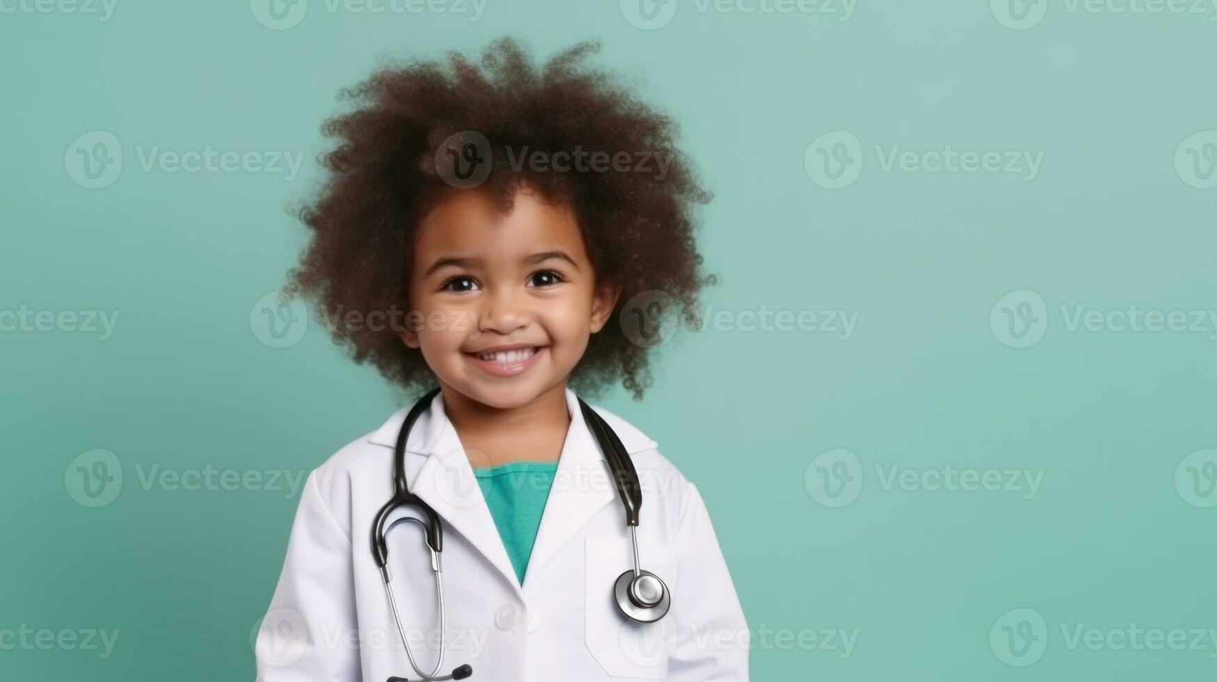 Cute child in doctor coat with stethoscope on color background photo