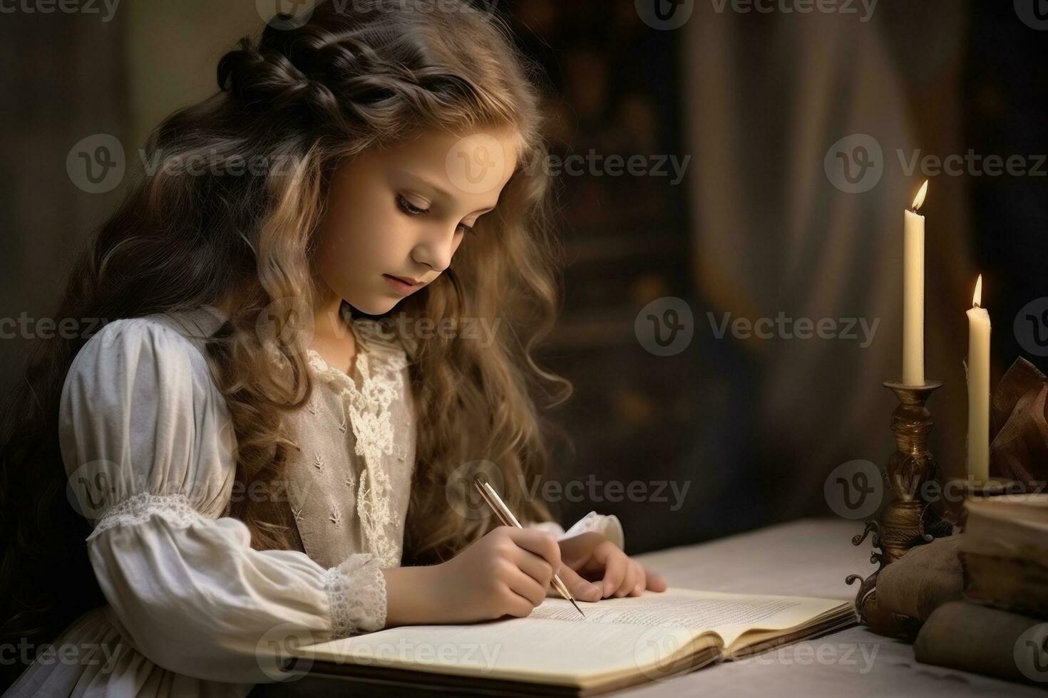 Young girl reading and writing in the notebook photo