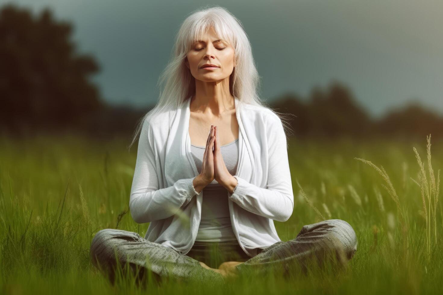 mujer mayor orar actitud en el césped meditando, calma, sereno yoga ejercicio ai generado foto