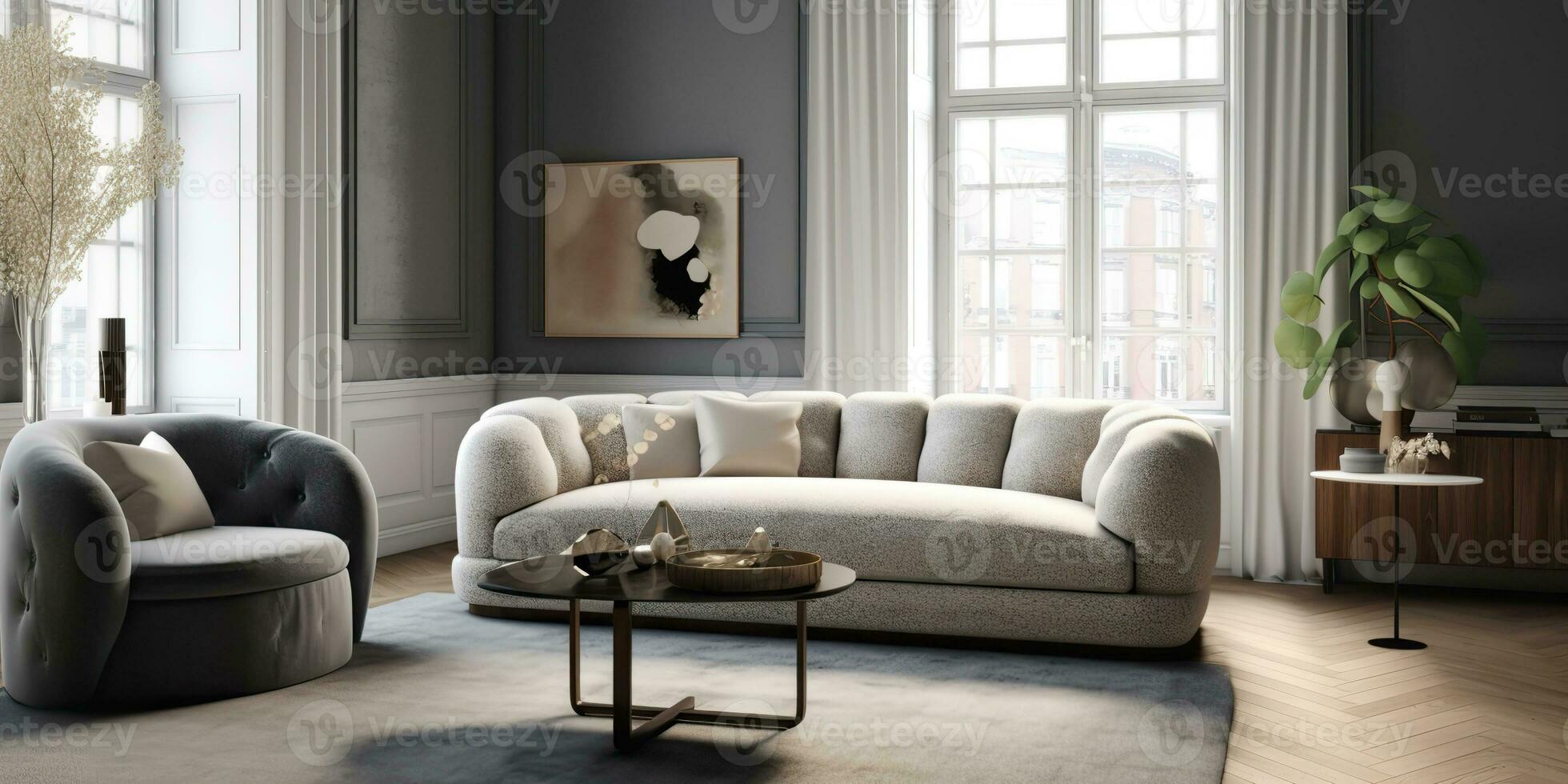 AI Generated. AI Generative. White cozy sofa. Home indoor architecture indoor design style living room. Graphic Art photo