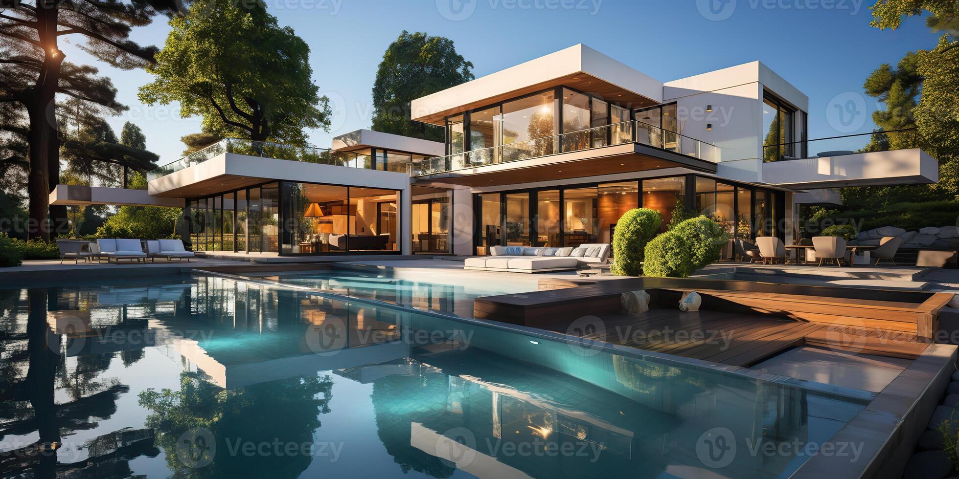 AI Generated. AI Generative. Modern design architecture house villa hotel mansion with swimming pool. Outdoor luxury vibe vacation. Graphic Art photo