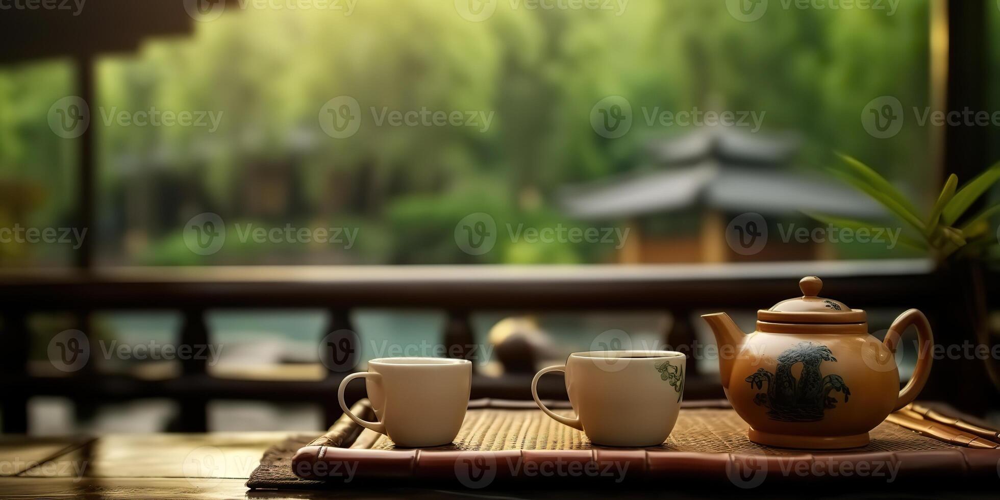 . . Chinese temple with tea set on bamboo. table. Asian traditional architecture decor design. Adventure meditaion vibe. Graphic Art photo