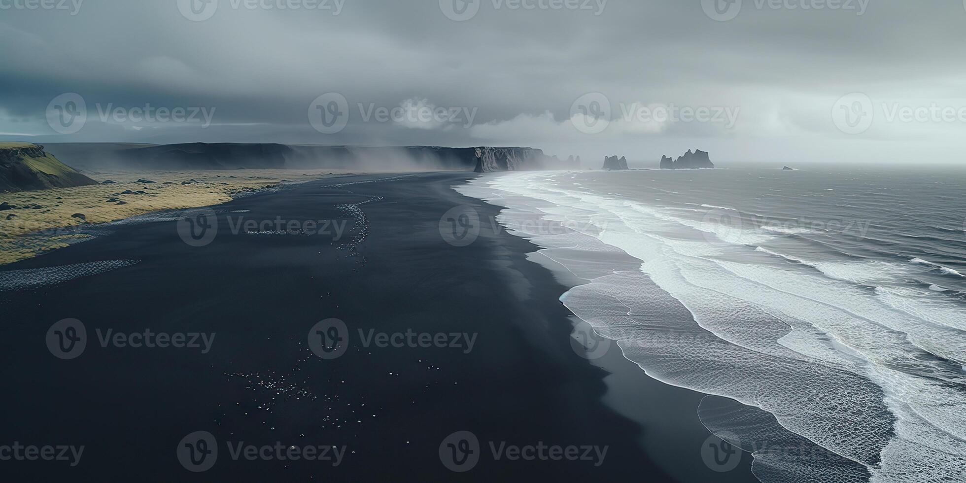 AI Generated. AI Generative. Iceland aerial air drone view. Cost beach ocean wave line. Black sand landscape. Adventure nature travel vibe. Graphic Art photo