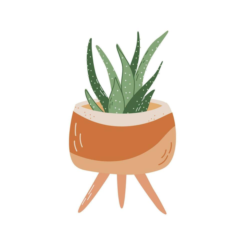 Potted houseplant. Indoor succulent in modern flower pot. Healing aloe vera plant. Vector illustration.