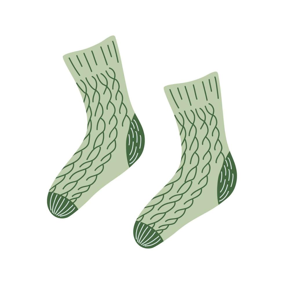 Hand knitted socks. Warm woolen clothes. Concept of cozy home, relaxation. Hygge lifestyle. Hand drawn flat style vector illustration.