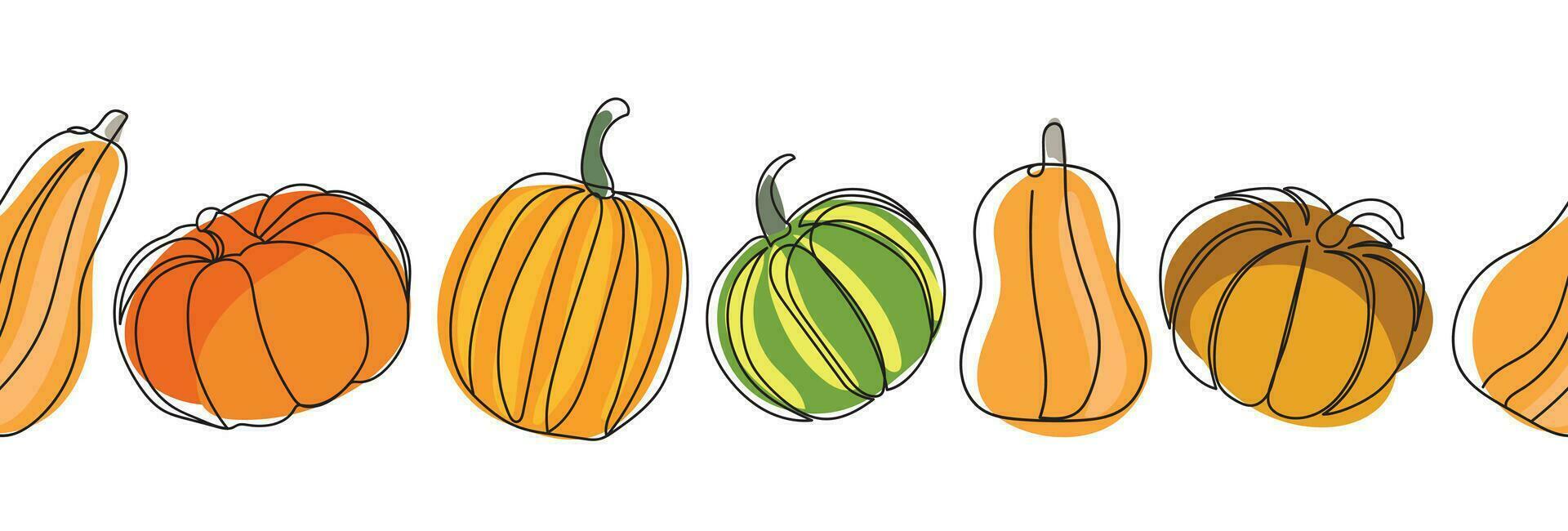 Pumpkins seamless border. Different types of pumpkins seamless banner. Continuous line drawing pumpkins. Autumn pumpkin line art set. Minimalist art vector