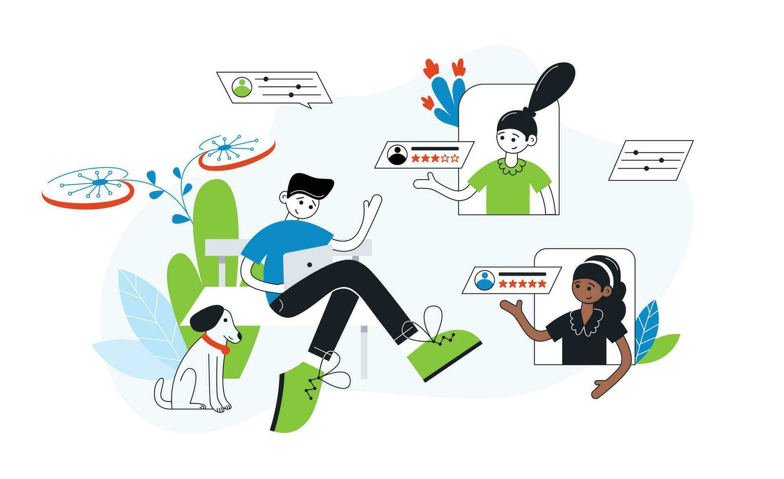 Feedback illustration set. Characters filling survey form, giving positive feedback and filing checklist on smartphone and computer. User experiences concept. Vector illustration.