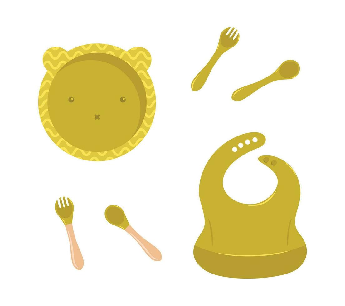 conjunto de silicona vajilla para bebé vector. primero bebé comida concepto, servicio comida para niños. niño vajilla conjunto niños plato plano vector