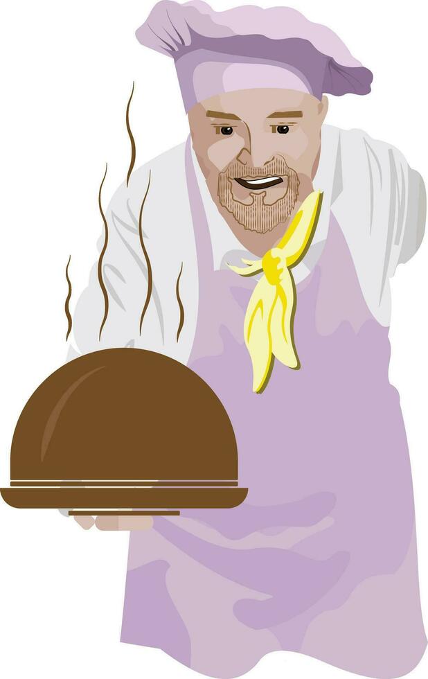 Vector illustration of a chef wearing a kitchen apron and hat and serving a plate of food which he holds in his hand