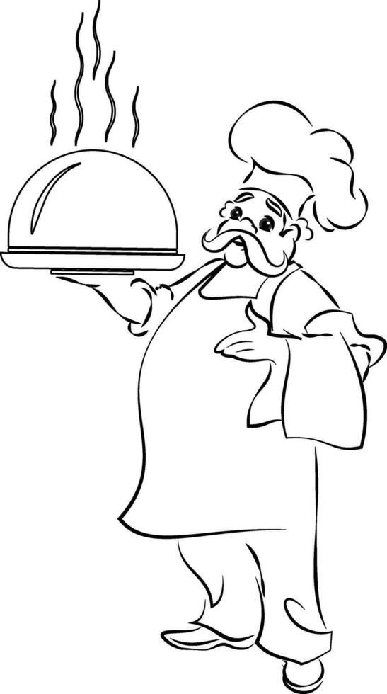 A chef wearing kitchen apron and hat serving plate of food outline vector