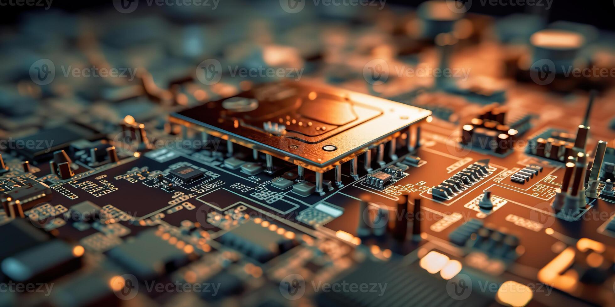 . . PC computer micro chip processor motherboard background. Digital data future background science vibe. Graphic Art photo