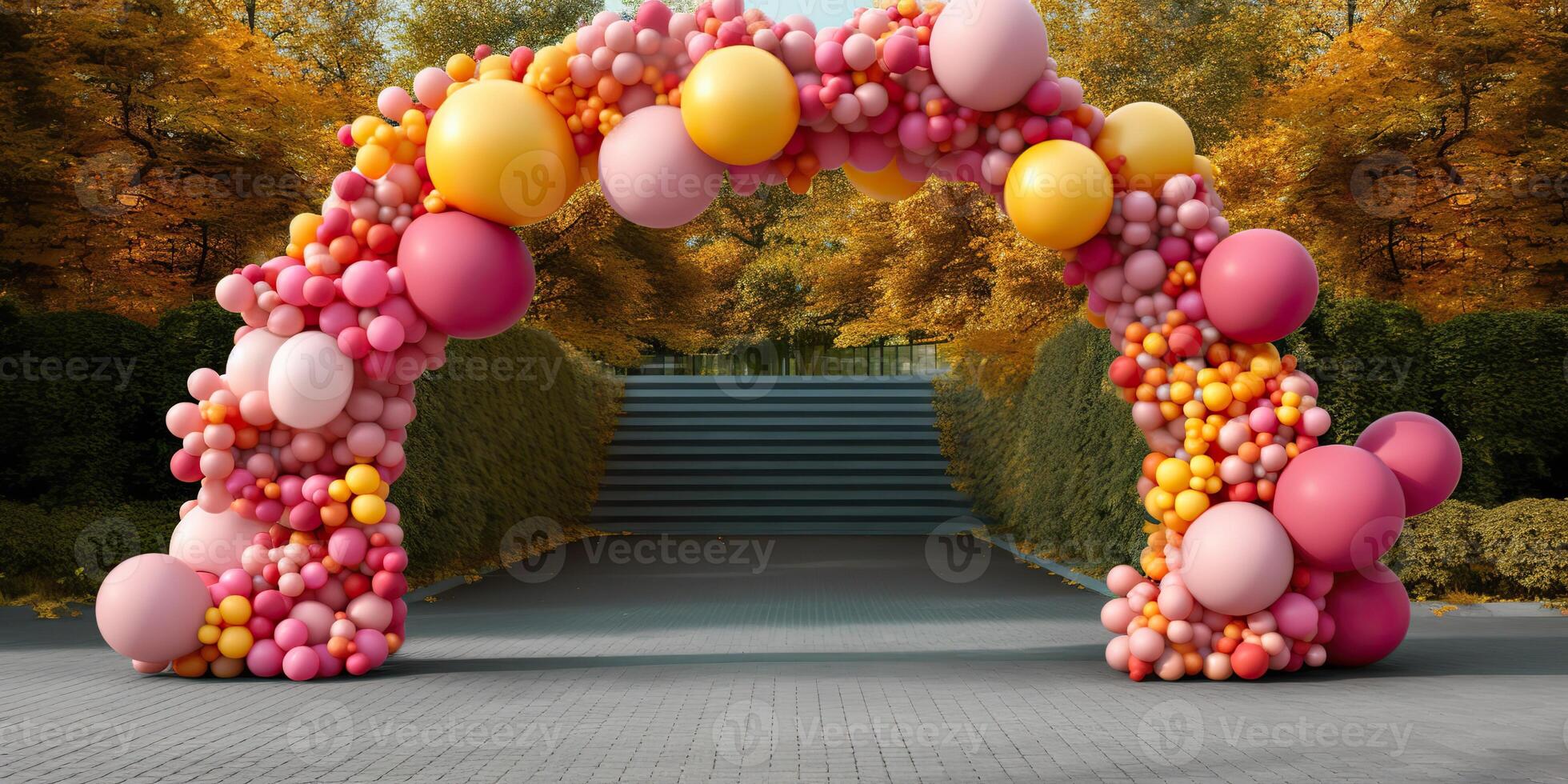 AI Generated. AI Generative. Balloon garland arc decoration. Wedding ceremony fashoin street architecture desogn. Graphic Art photo