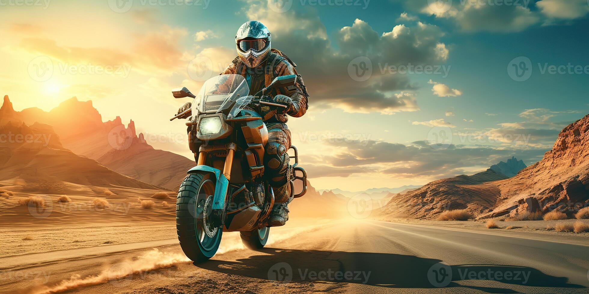 AI Generated. AI Generative. Desert sand road mountain bike motorcycle cross futuristic. Adventure trip road move vibe. Graphic Art photo