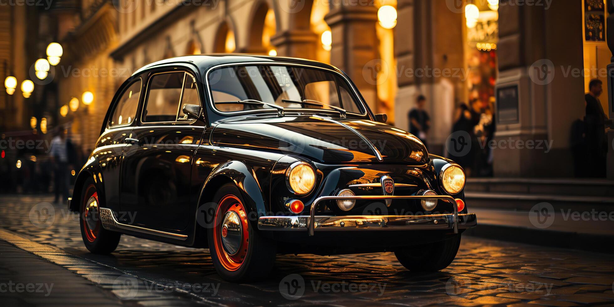 . . Classic retro vintage nostalgia car fiat 500 on small Italy evening street city. Graphic Art photo