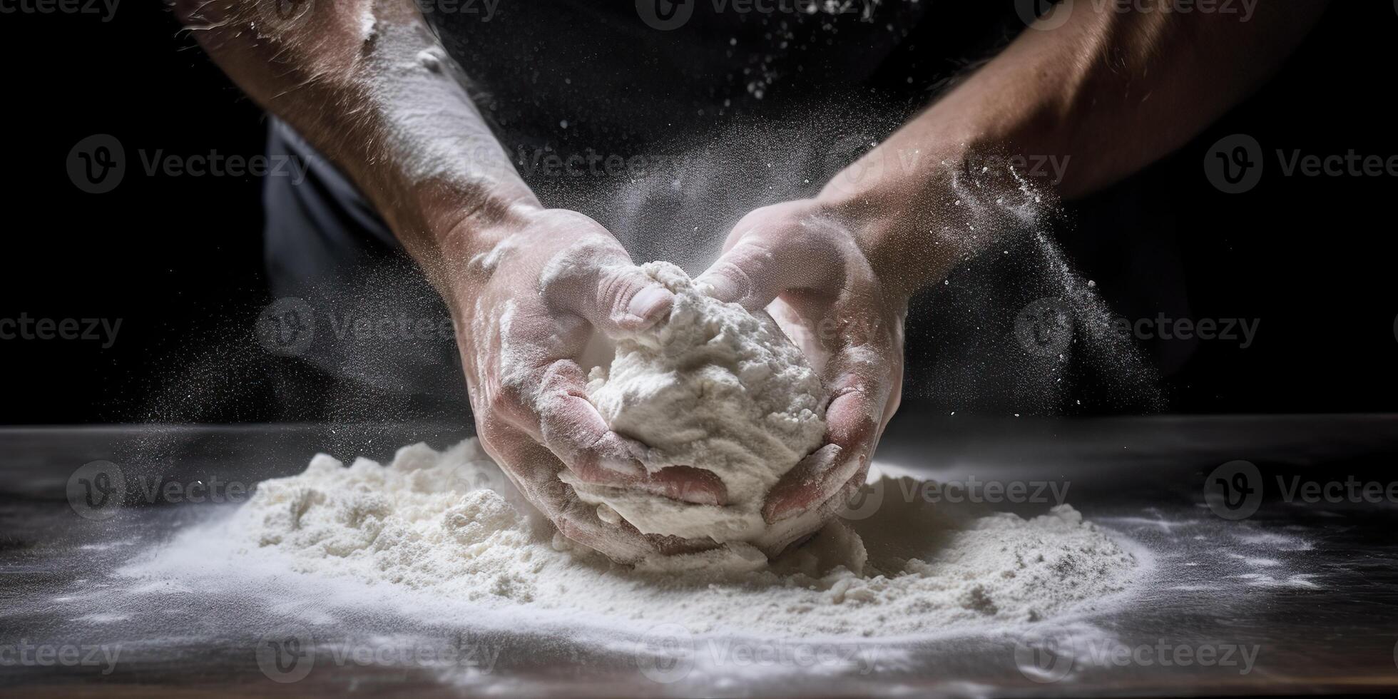 . . Bakery flour rolling hands prepare dough for pizza pasta food meal restaurant. Graphic Art photo