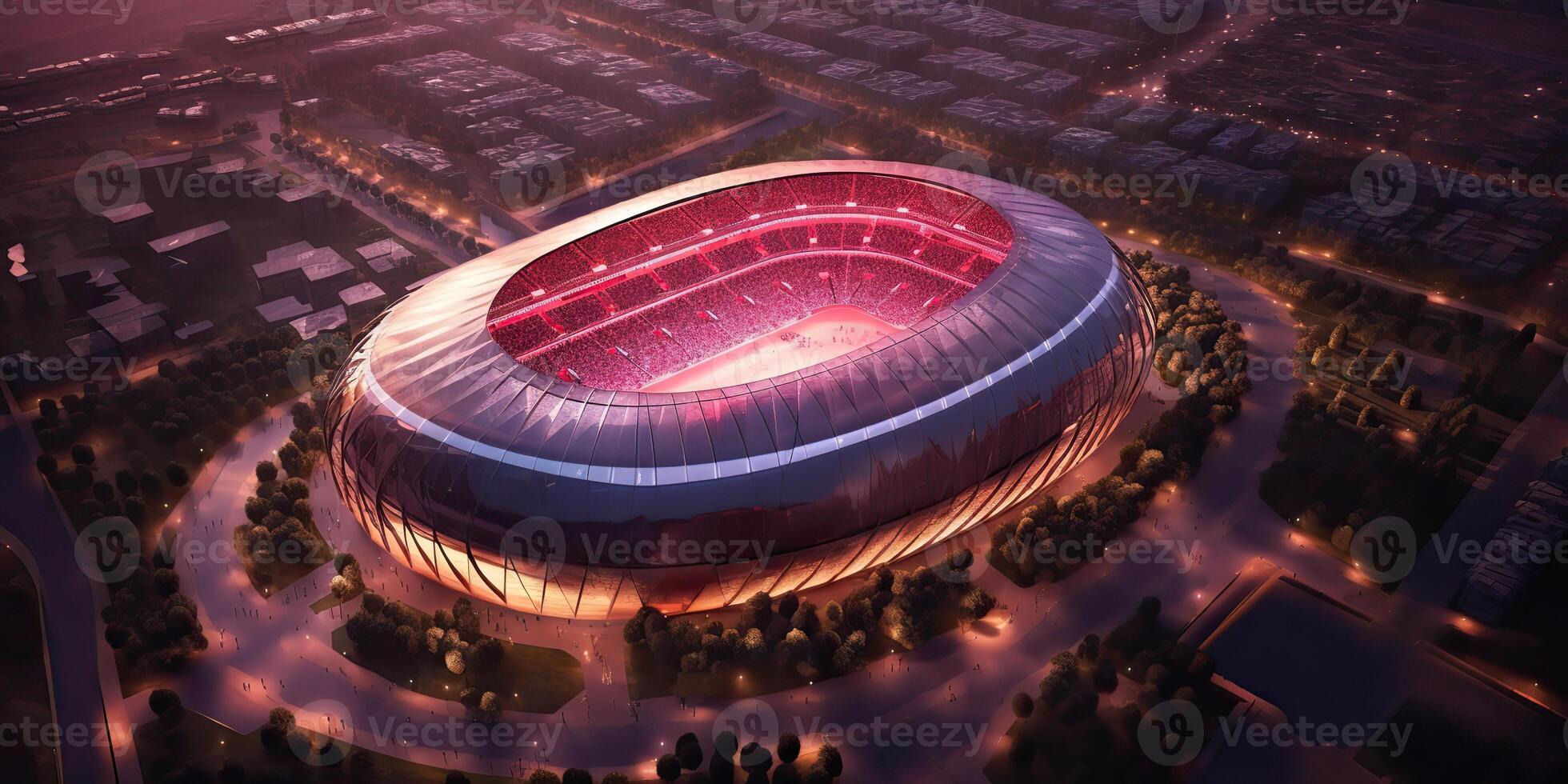 . . Aerial drone air view of arena stadium sport football soccer game. Night building in lights. Graphic Art photo