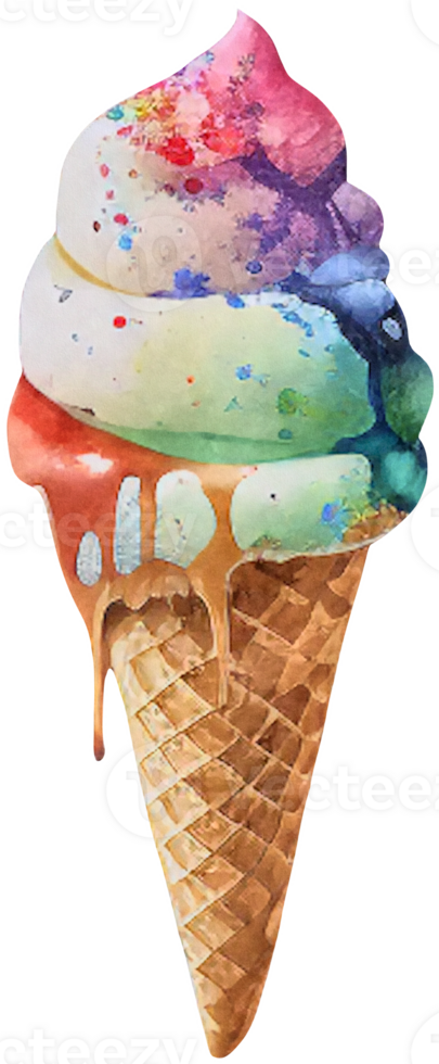 Rainbow ice cream in a waffle cone isolated in watercolor style. png