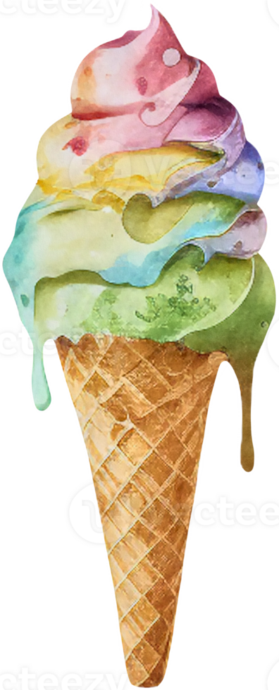 Rainbow ice cream in a waffle cone isolated in watercolor style. png