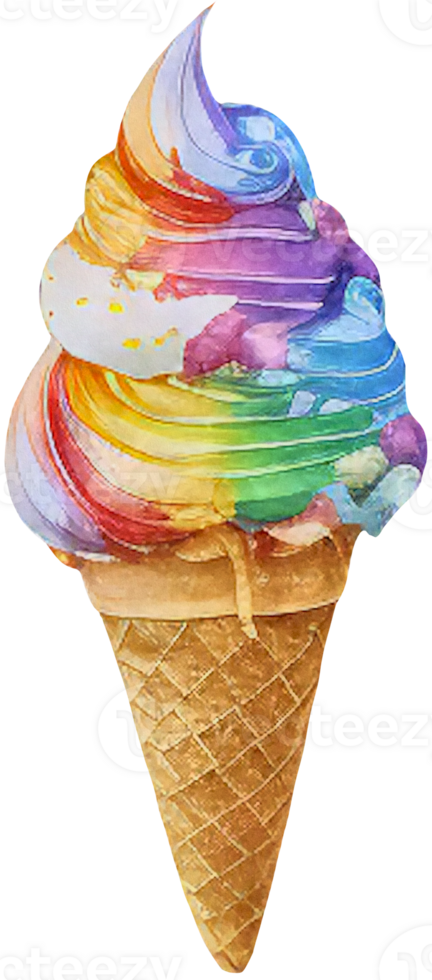 Rainbow ice cream in a waffle cone isolated in watercolor style. png