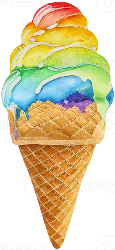 Rainbow ice cream in a waffle cone isolated in watercolor style. AI Generative png