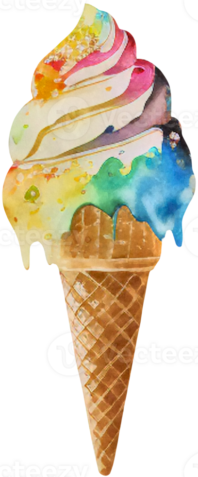 Rainbow ice cream in a waffle cone isolated in watercolor style. png