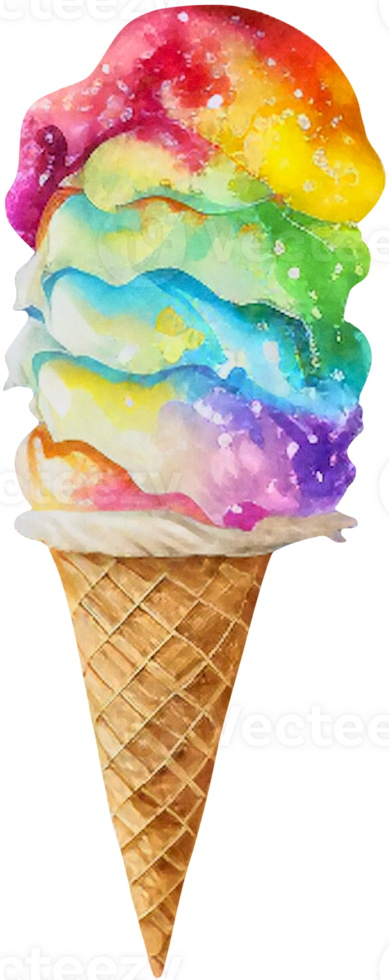 Rainbow ice cream in a waffle cone isolated in watercolor style. png