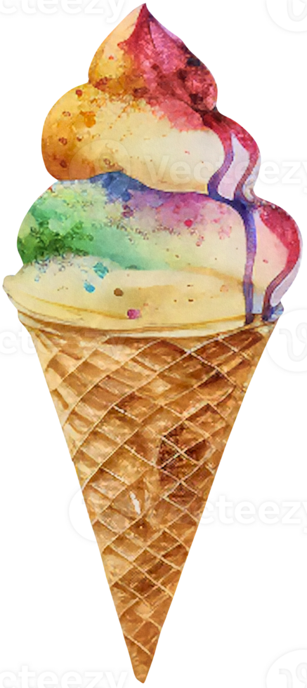 Rainbow ice cream in a waffle cone isolated in watercolor style. png