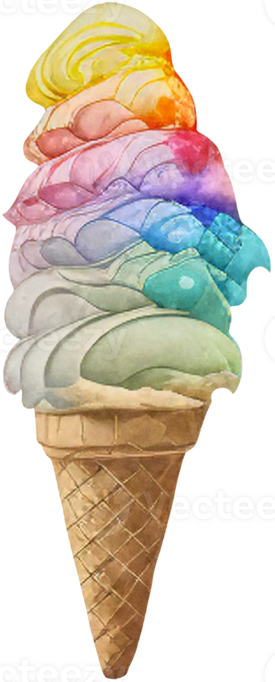 Rainbow ice cream in a waffle cone isolated in watercolor style. png