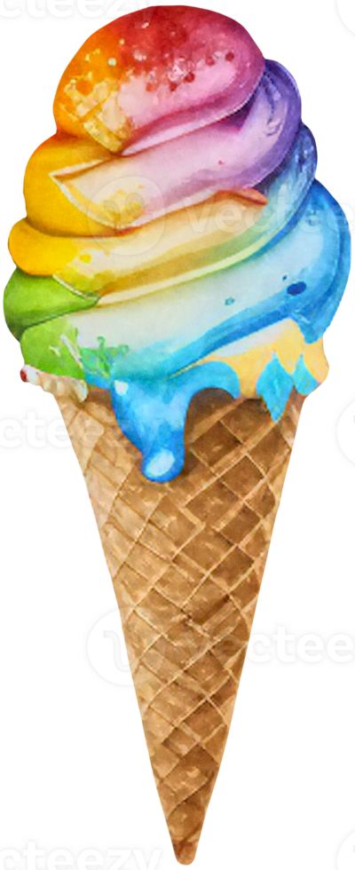 Rainbow ice cream in a waffle cone isolated in watercolor style. AI Generative png