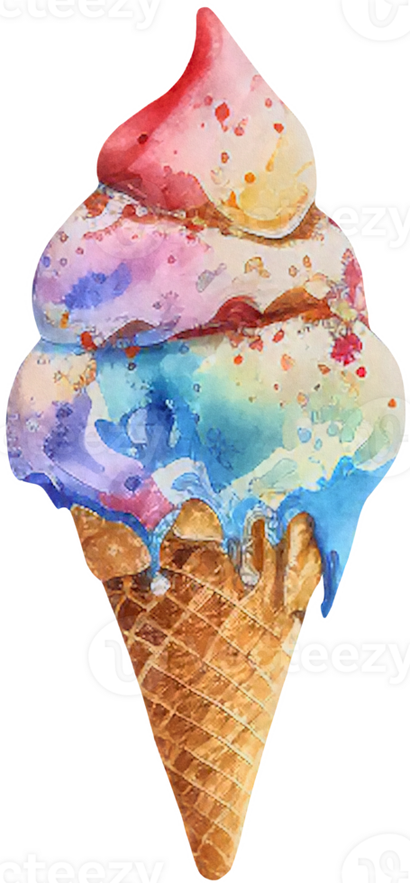 Rainbow ice cream in a waffle cone isolated in watercolor style. AI Generative png