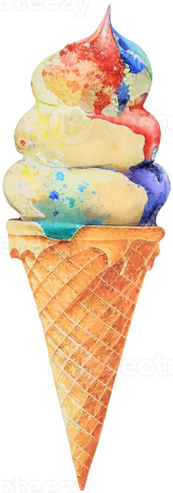 arco Iris gelo creme dentro uma waffle cone isolado dentro aguarela estilo. ai generativo png