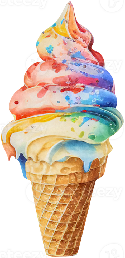 Rainbow ice cream in a waffle cone isolated in watercolor style. png