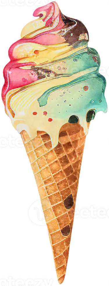 Rainbow ice cream in a waffle cone isolated in watercolor style. png