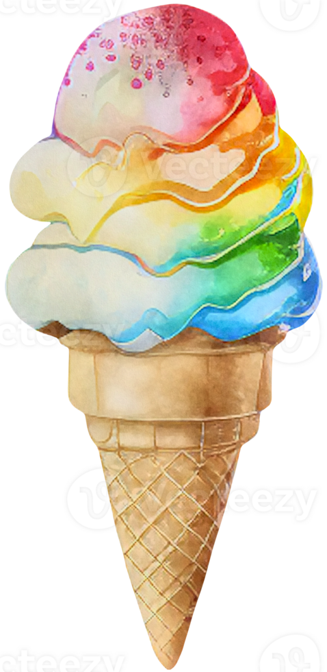 Rainbow ice cream in a waffle cone isolated in watercolor style. png