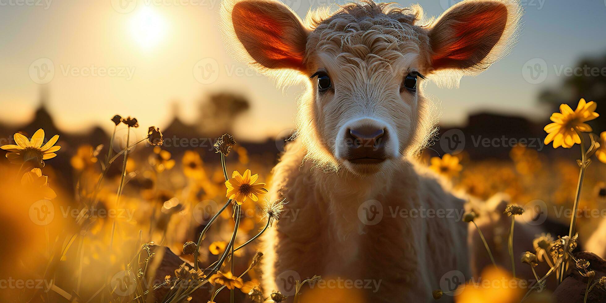 AI Generated. AI Generative. Beautiful young tittle calf on sunflower field at sunset. Nature landscape farm cow animal vibe. Graphic Art photo