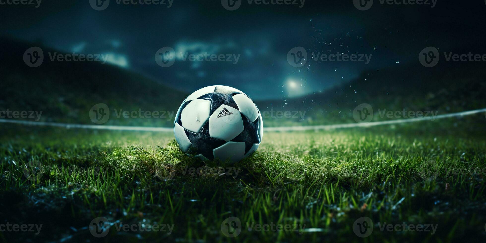 AI Generated. AI Generative. Soccer football ball on green grass field stadium. Sport game motivational promotion inspirational poster decoration. Graphic Art photo