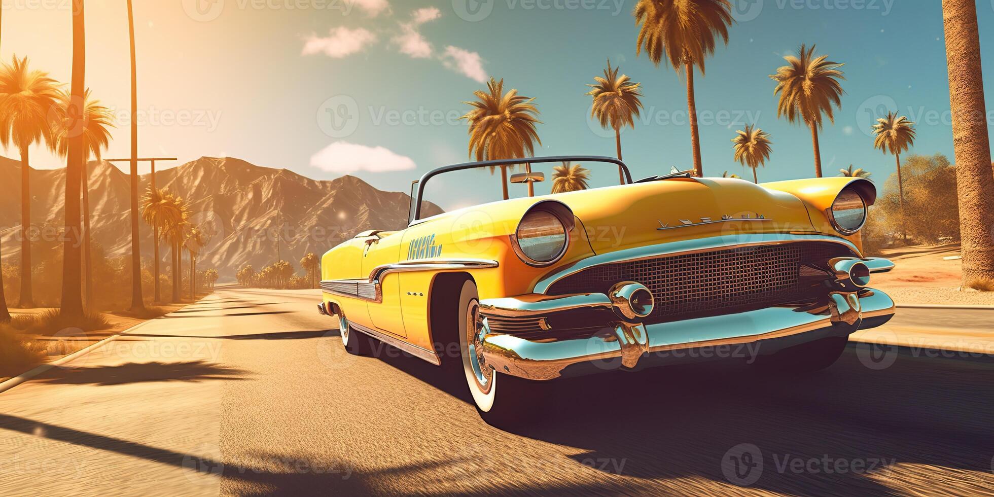 . . Vintage retro classic hotrod muscle car vintage retro on california road trip. Graphic Art photo
