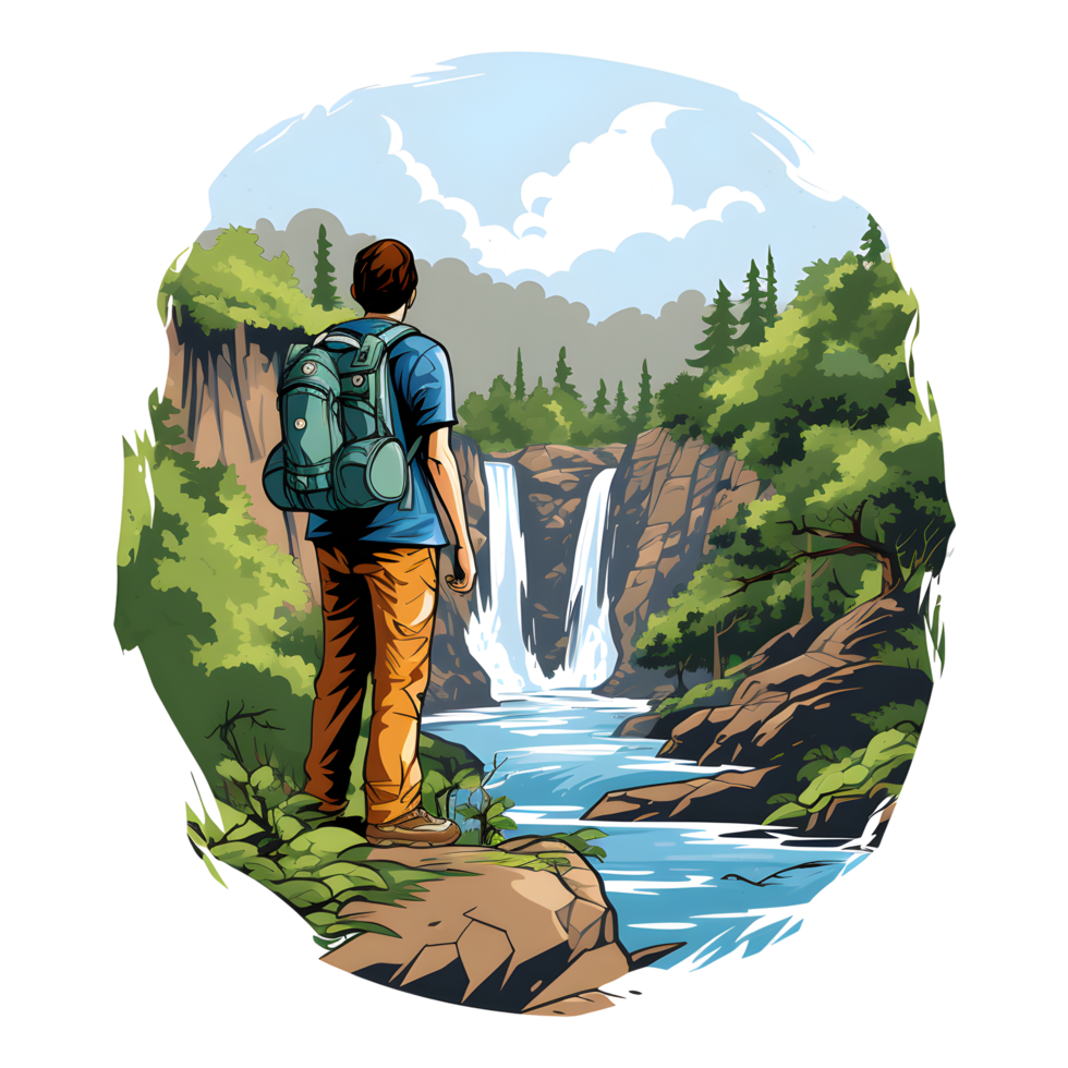 Hiking clipart illustration depicting a hiker with a backpack, enjoying the  scenic view of a waterfall in a lush forest. AI Generated 26674671 PNG