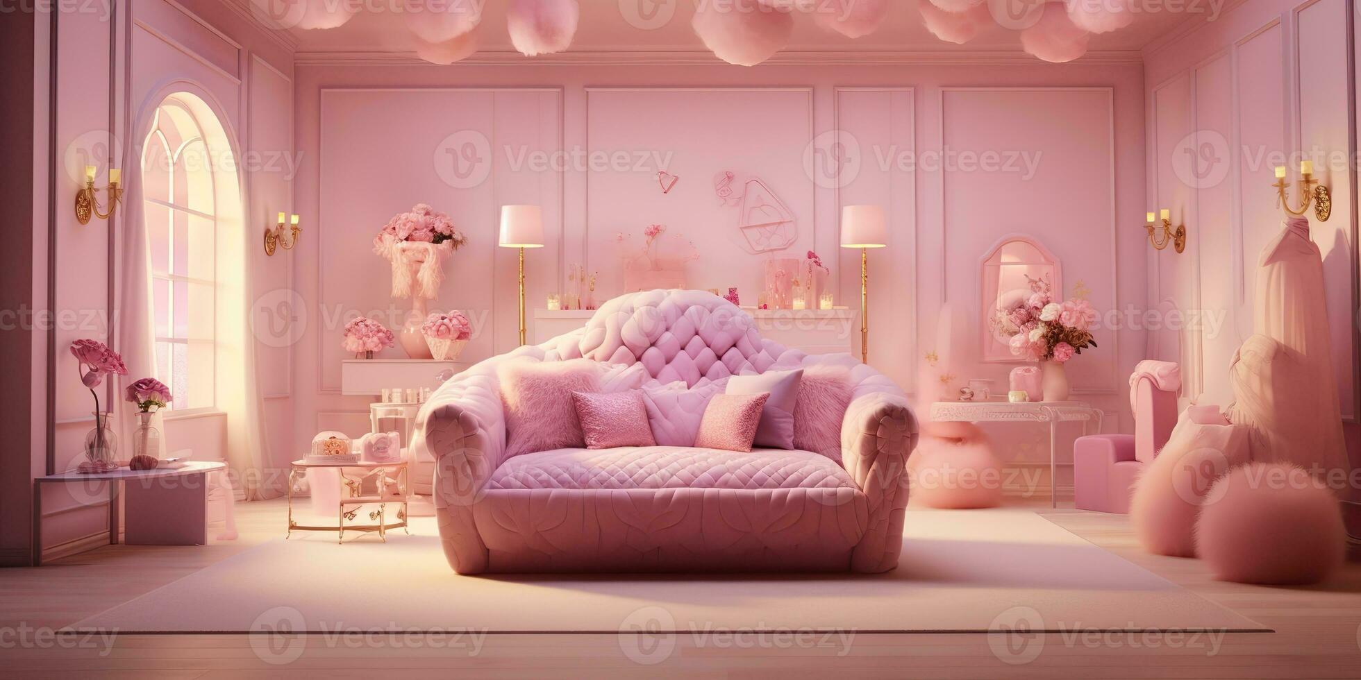 AI Generated. AI Generative. Pink barbie style living room female woman. Elegant color classic decoration. Sofa chair wall and cozy details. Graphic Art photo