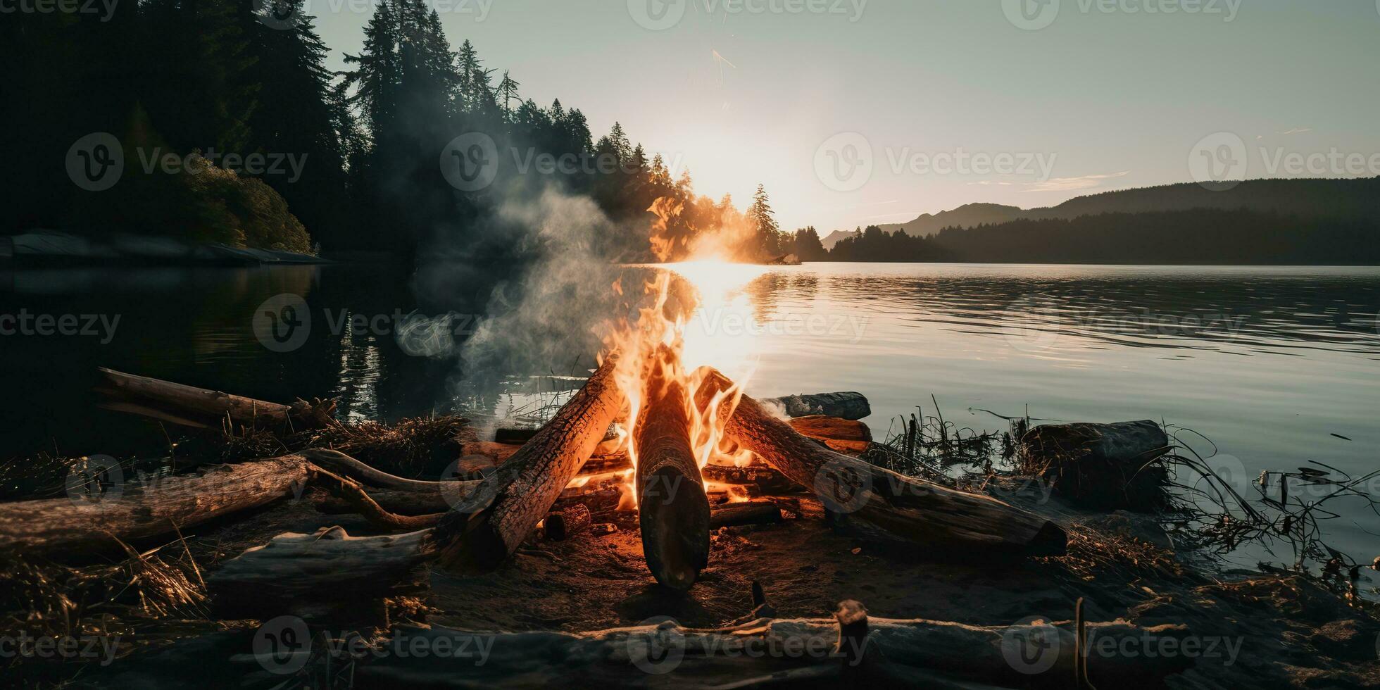 AI Generated. AI Generative. Outdoor nature wild landscape bonfire campfire camp flame relax chill lake beach side. Adventure trip relax vibe. Graphic Art photo