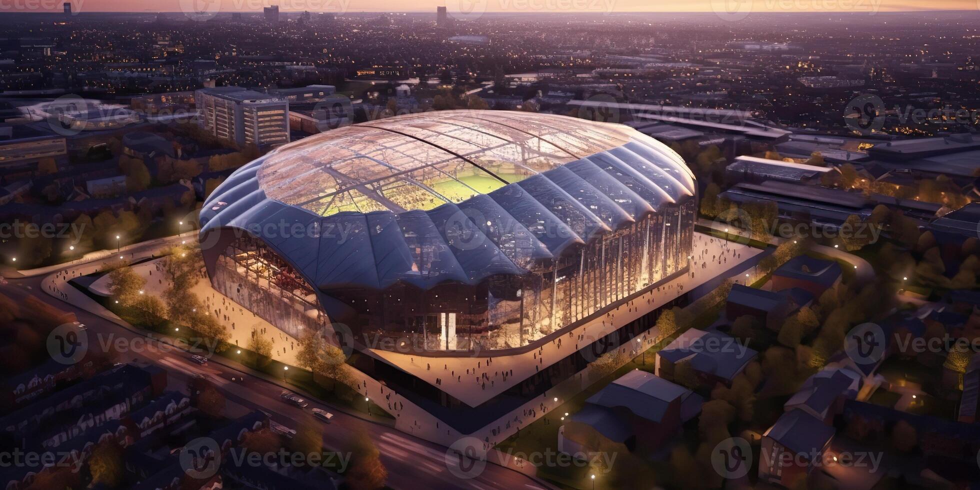 ai generado. ai generativo. aéreo zumbido aire ver de arena estadio deporte fútbol americano fútbol juego. noche edificio en luces. gráfico Arte foto